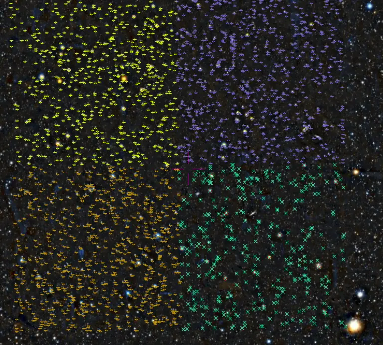 A starfield divided into four quadrants of asteroids