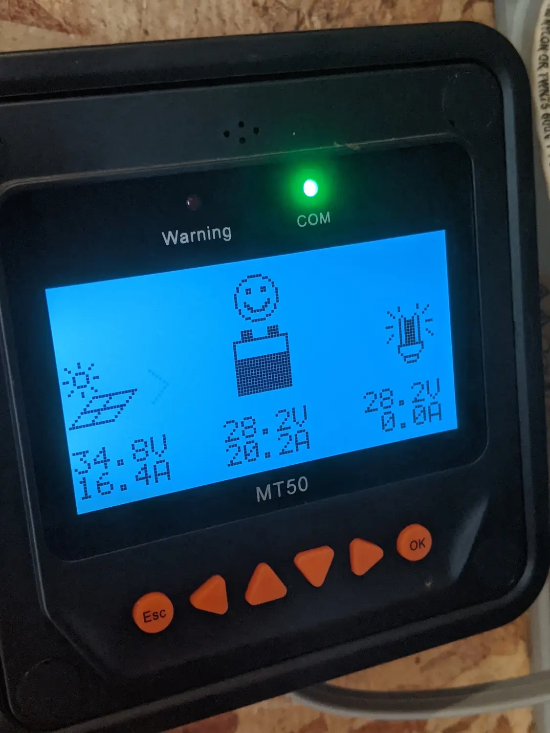 A smiley face on an LCD showing that our batteries are full of solar power!